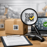 Magnifying glass over a QR code on a cardboard box in a warehouse, with a laptop showing a green checkmark—package verification scene.